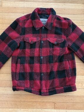 Levi's Type 3 Pile Fleece Buffalo Check Trucker Jean Jacket - Men S - Red Plaid